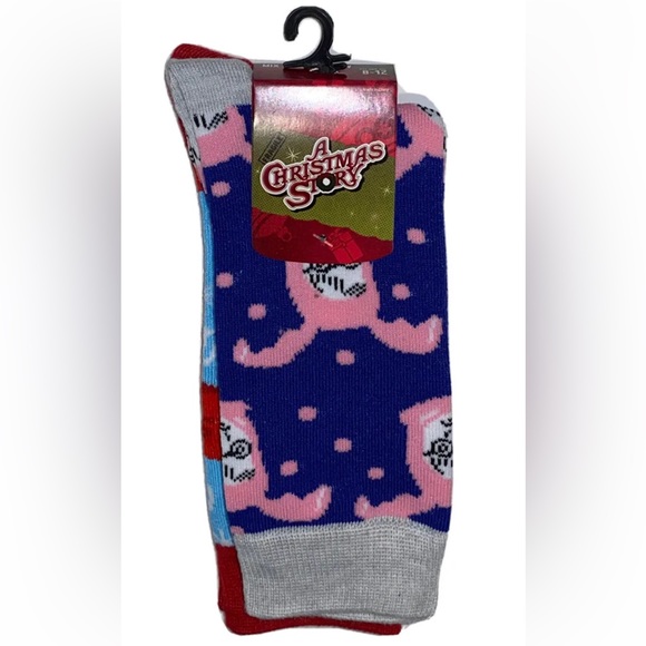 A Christmas Story Crew Socks 2 Pair Men 8-12 Blue Pink Bunny Ralphie Oh Fudge - Picture 1 of 12